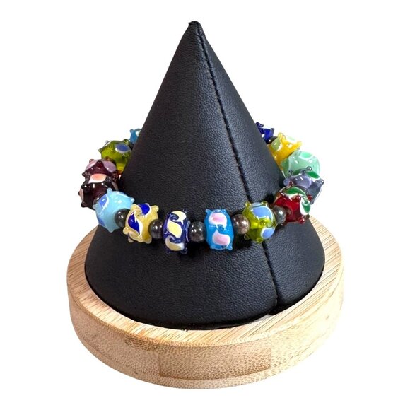 Vtg Multicolor Lampwork Glass Bead Bracelet Sterling Silver Cobalt Blue Yellow - Picture 2 of 7